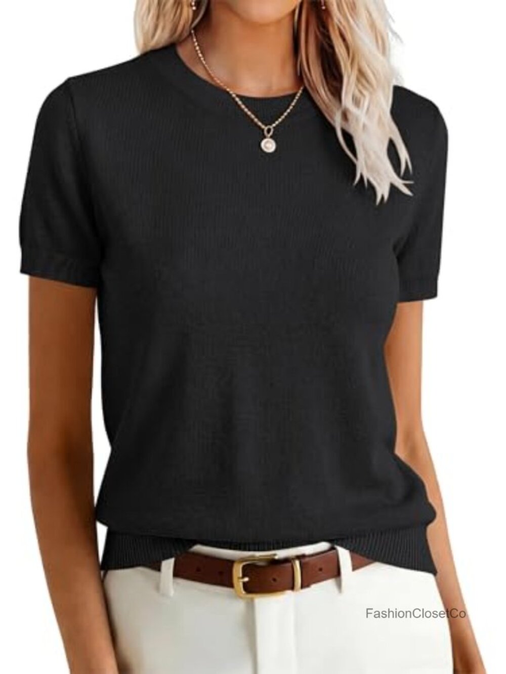 Womens Short Sleeve Sweater Wool Blend Crew Neck Knit